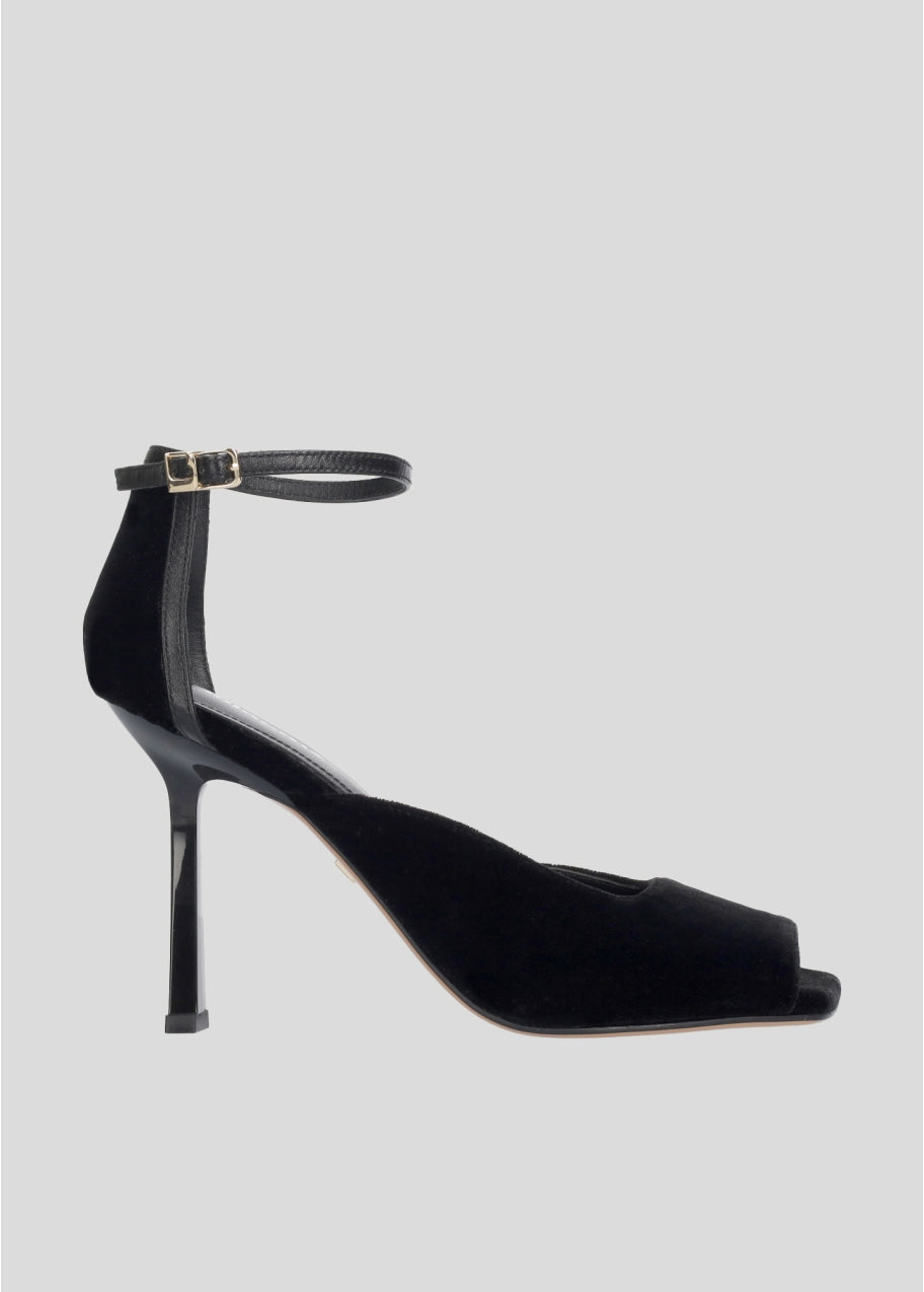 BLACK TWO-MATERIAL HEEL SANDALS