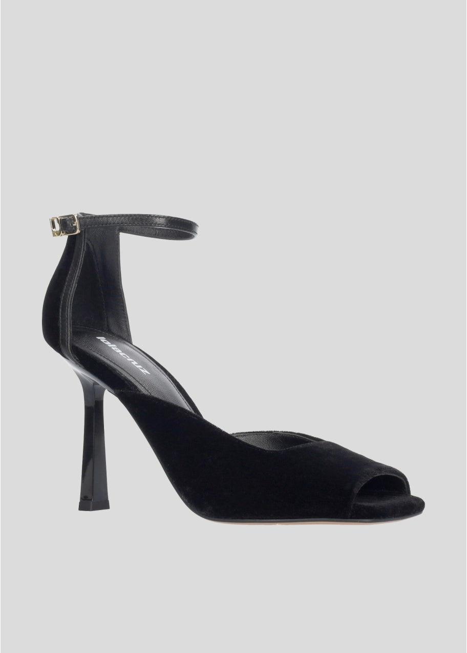 BLACK TWO-MATERIAL HEEL SANDALS
