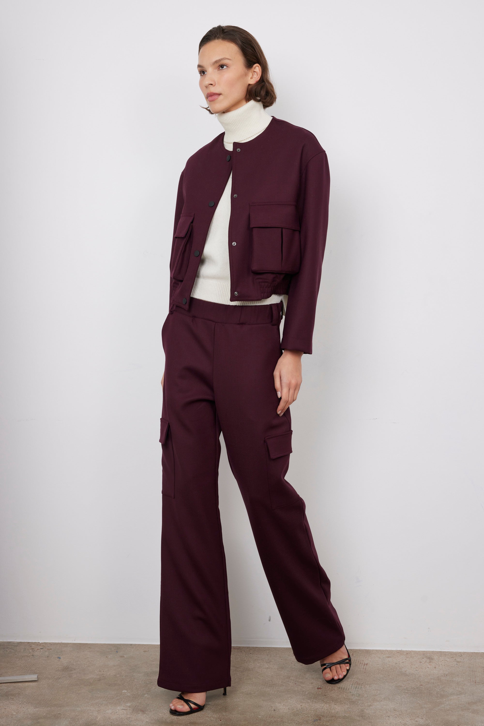 Burgundy bomber jacket look