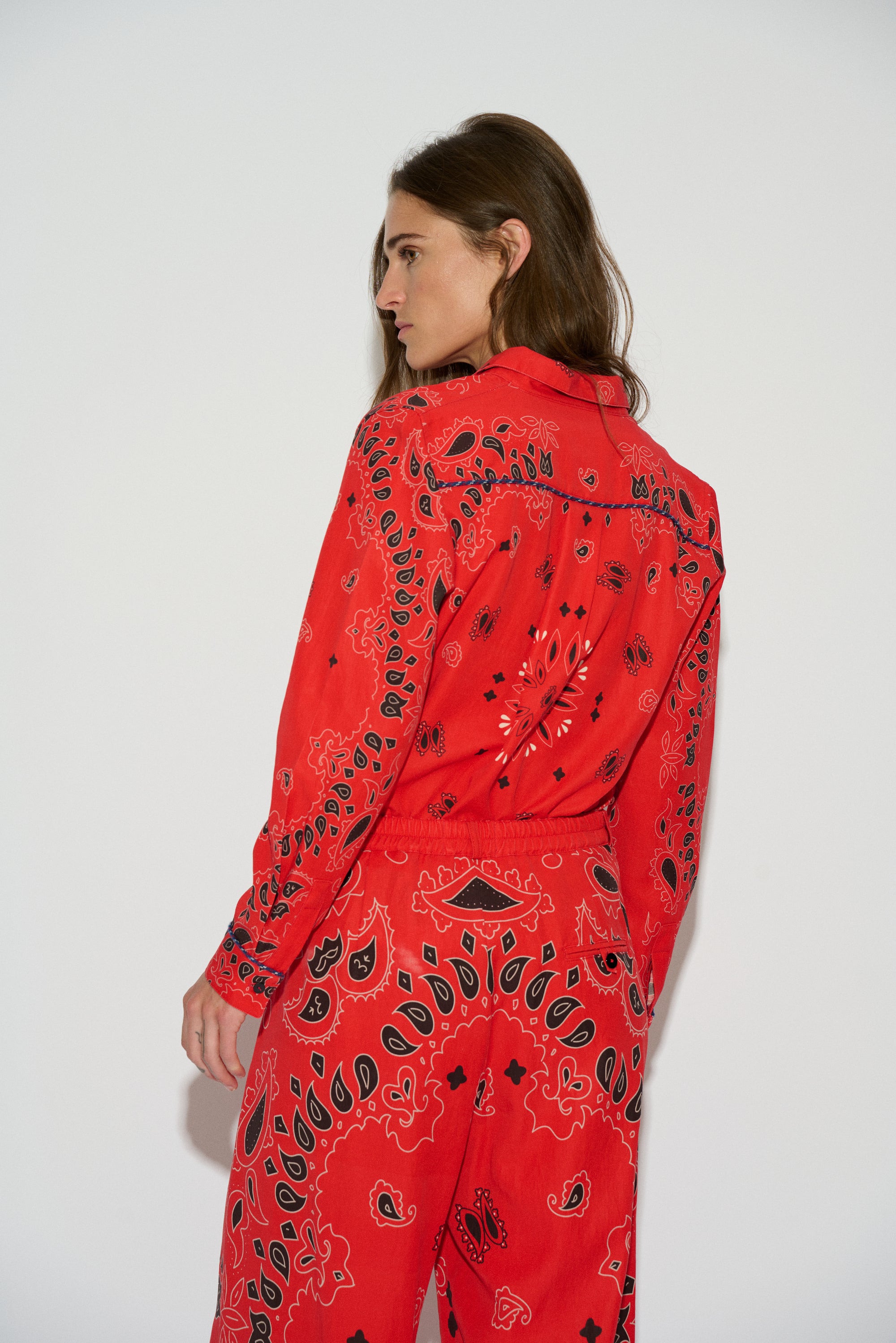 NALA SHIRT WITH PRINTED LAPEL COLLAR IN RED