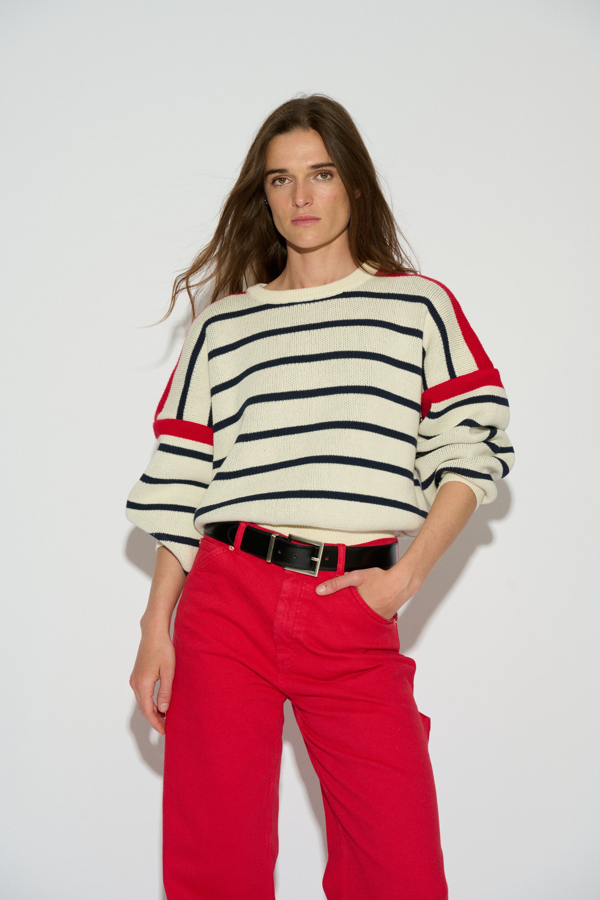 JERSEY RAFAELA OVERSIZE CUELLO REDONDO RAYAS ROJO