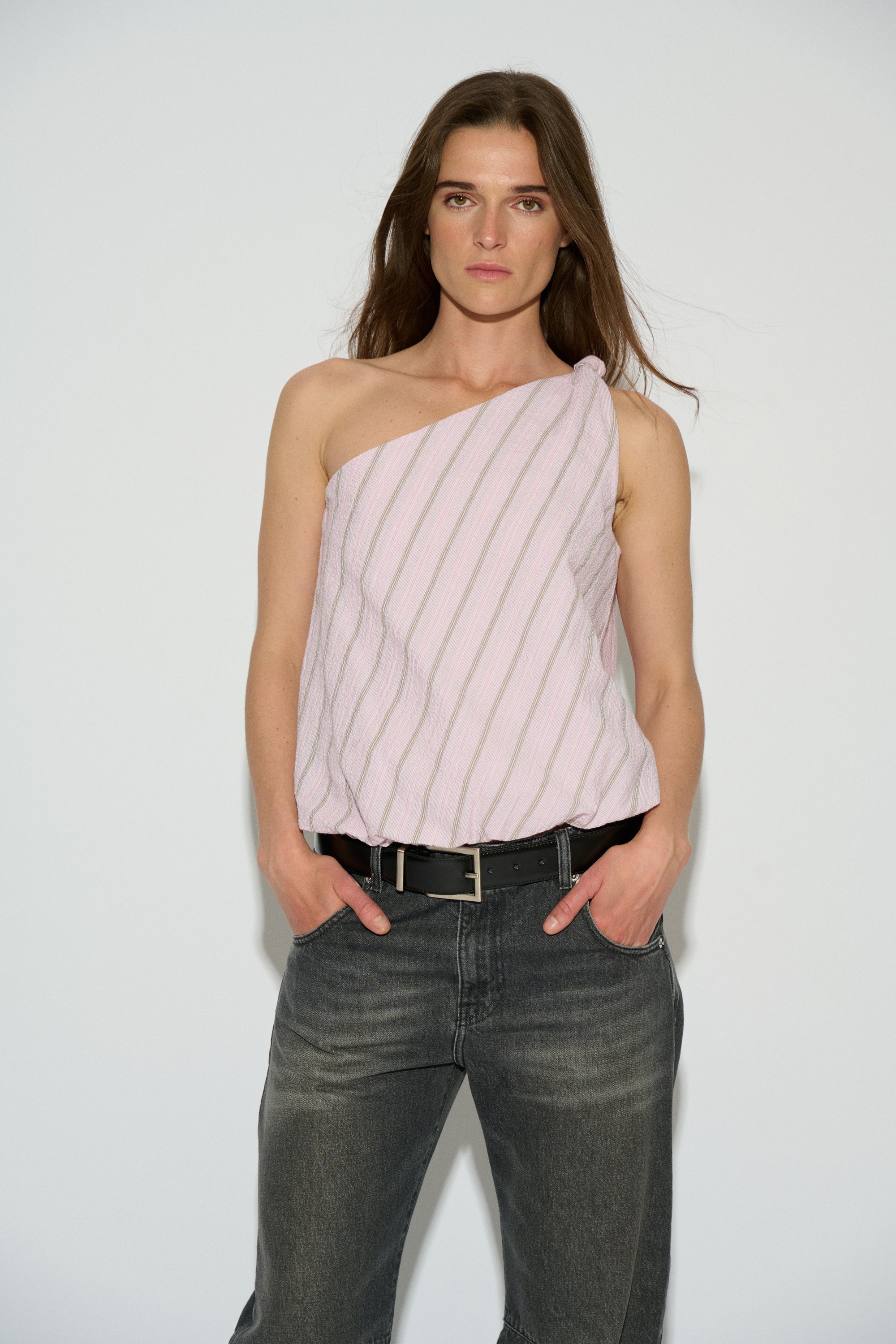 TOP FIONA ASYMMETRICAL KNOT PINK STRIPES