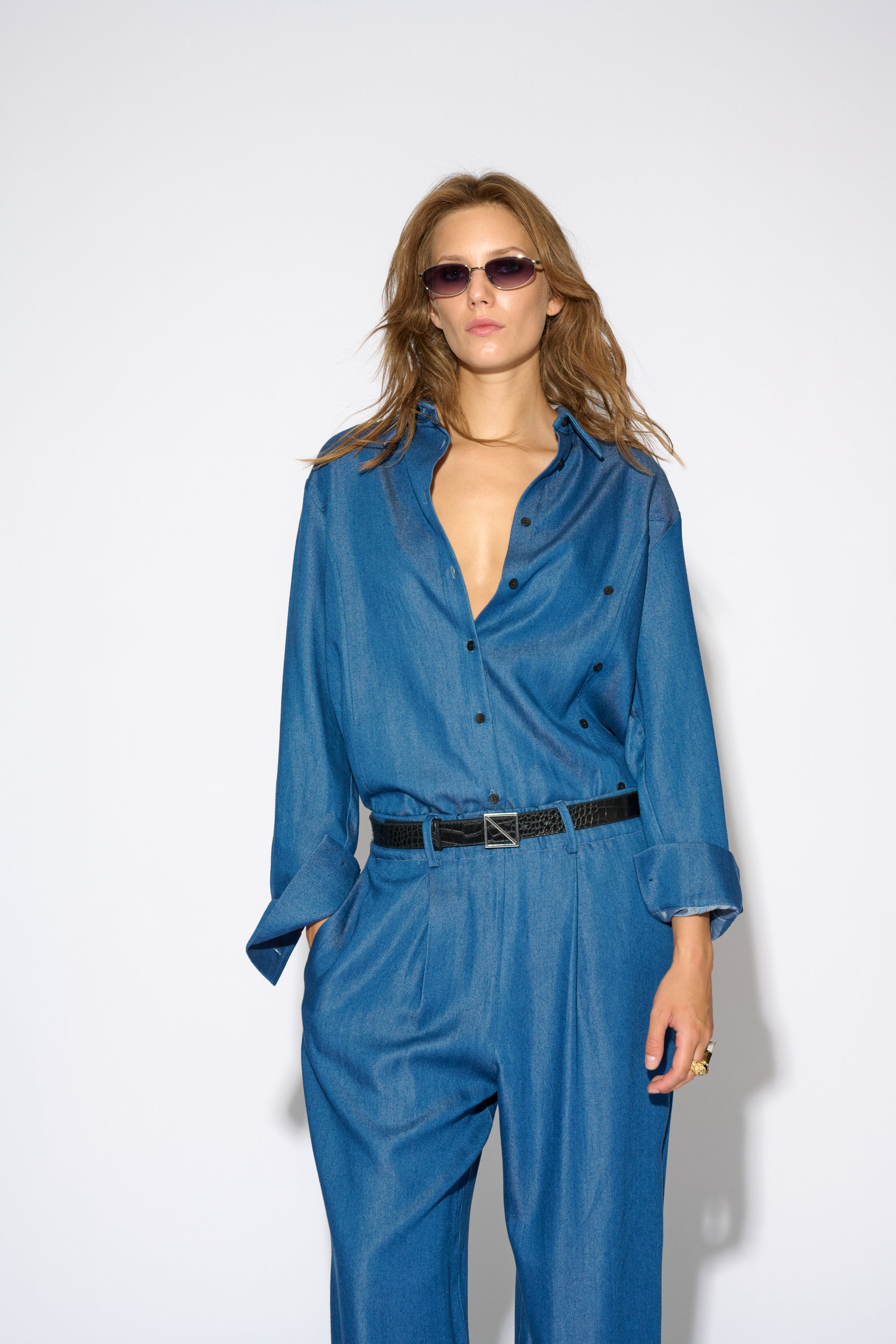 VALERIA CROSSED OVER FLUID DENIM SHIRT