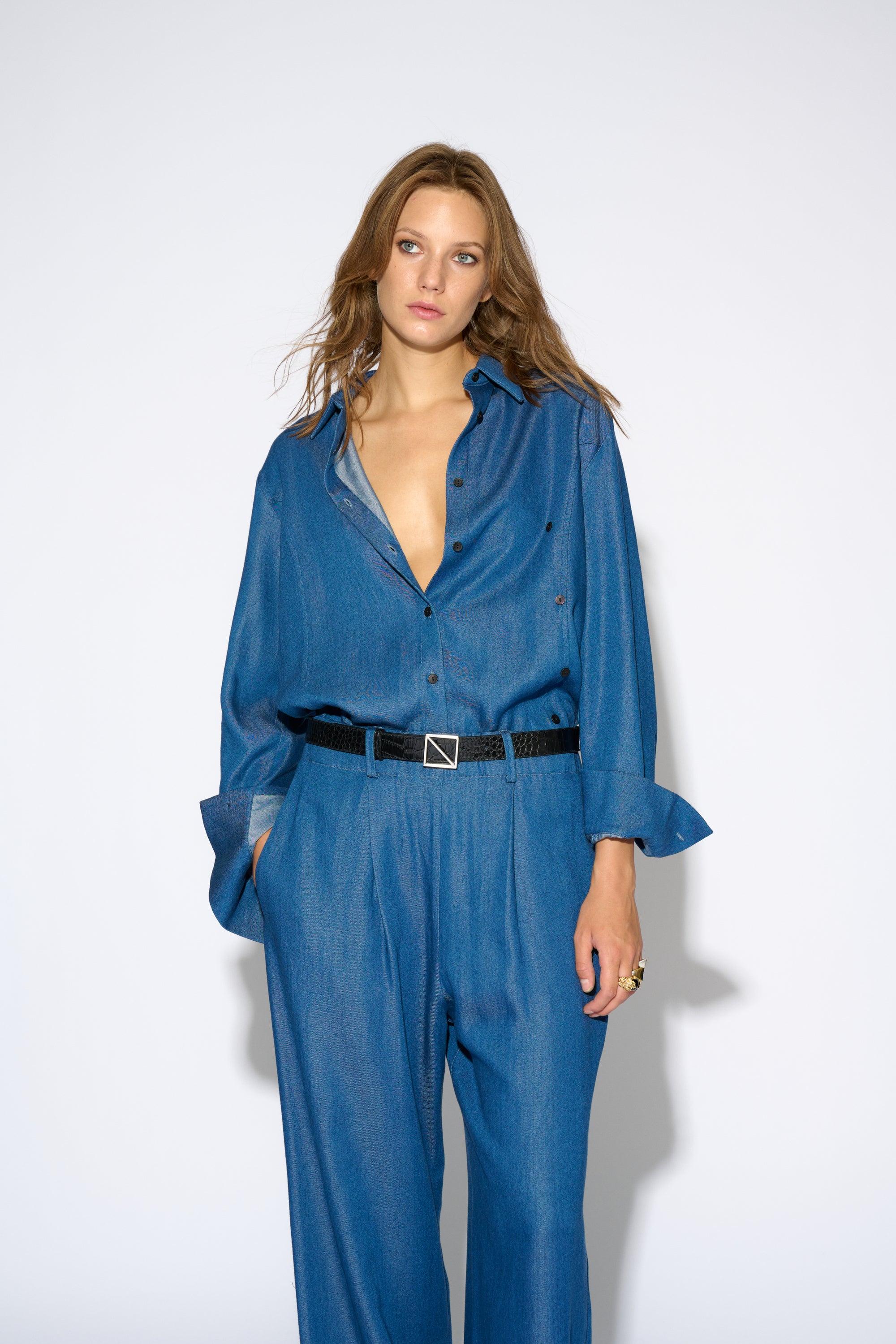 VALERIA CROSSED OVER FLUID DENIM SHIRT