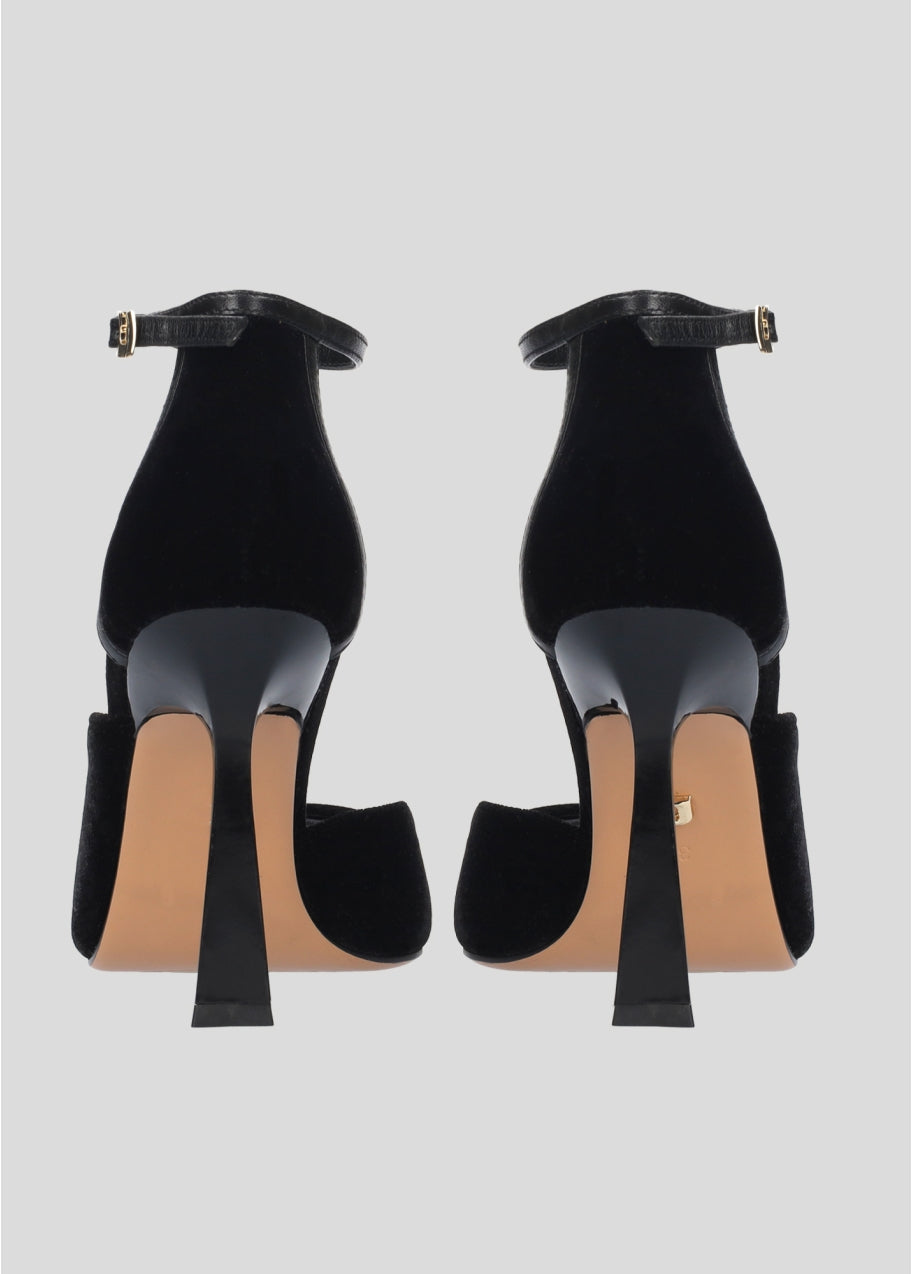 BLACK TWO-MATERIAL HEEL SANDALS