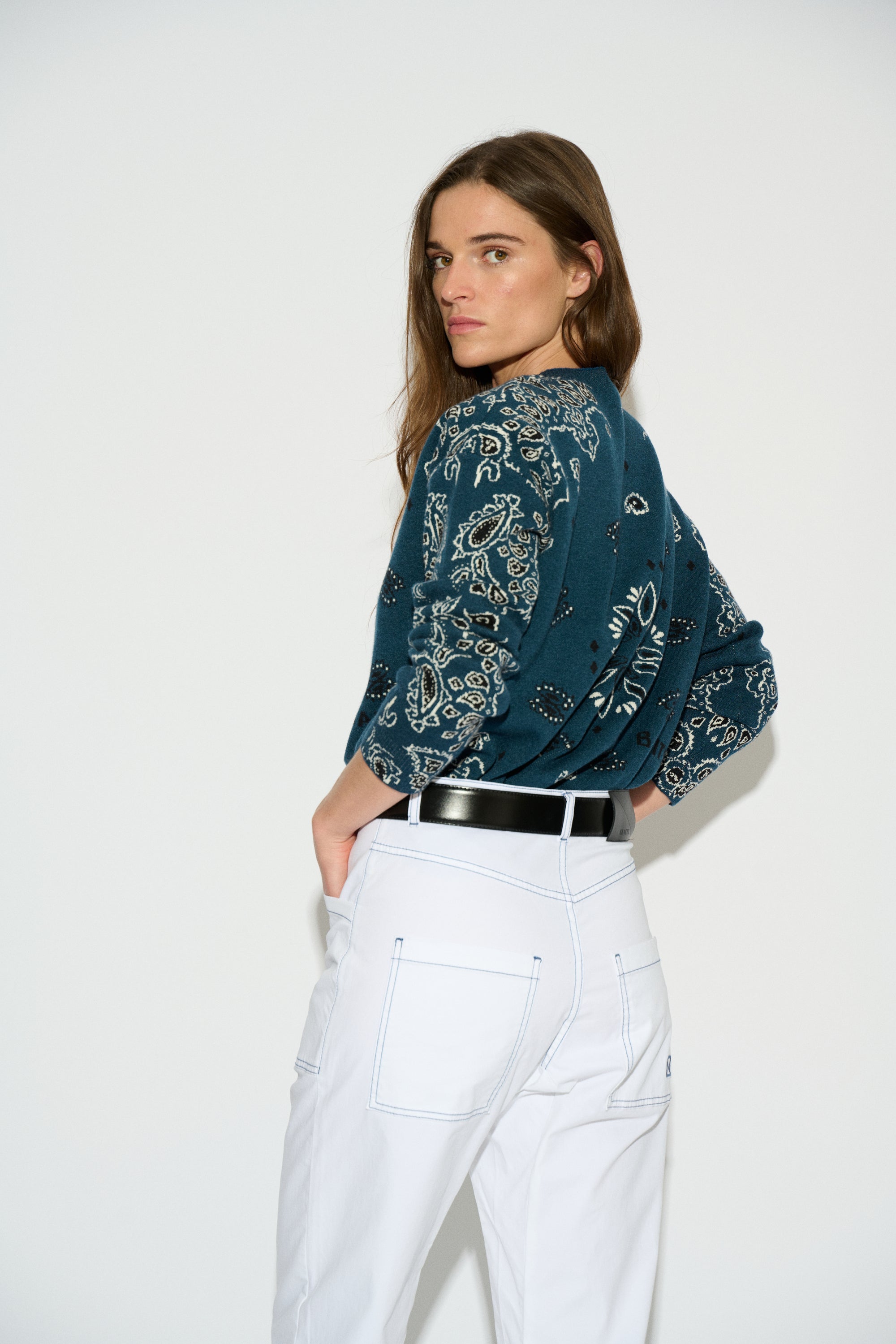 SERENA PAISLEY ROUND NECK JERSEY PETROL BLUE