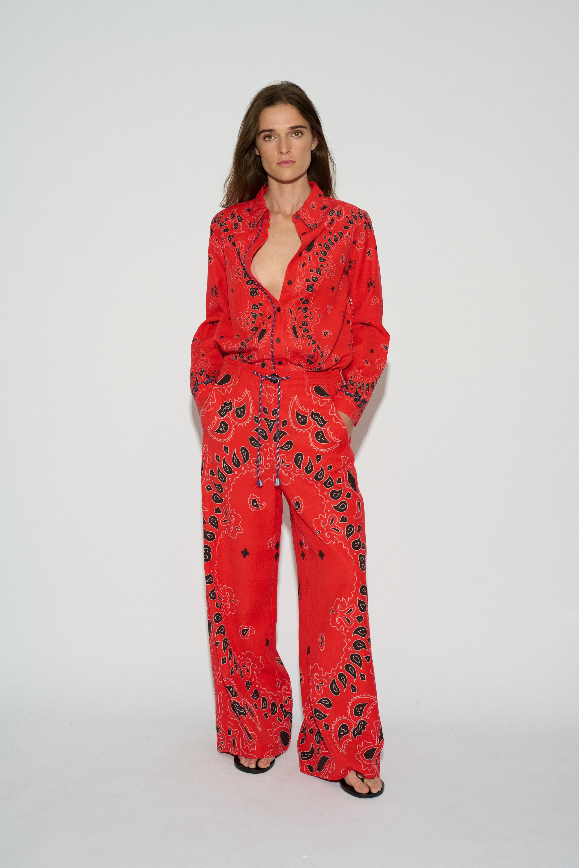 NALA SHIRT WITH PRINTED LAPEL COLLAR IN RED