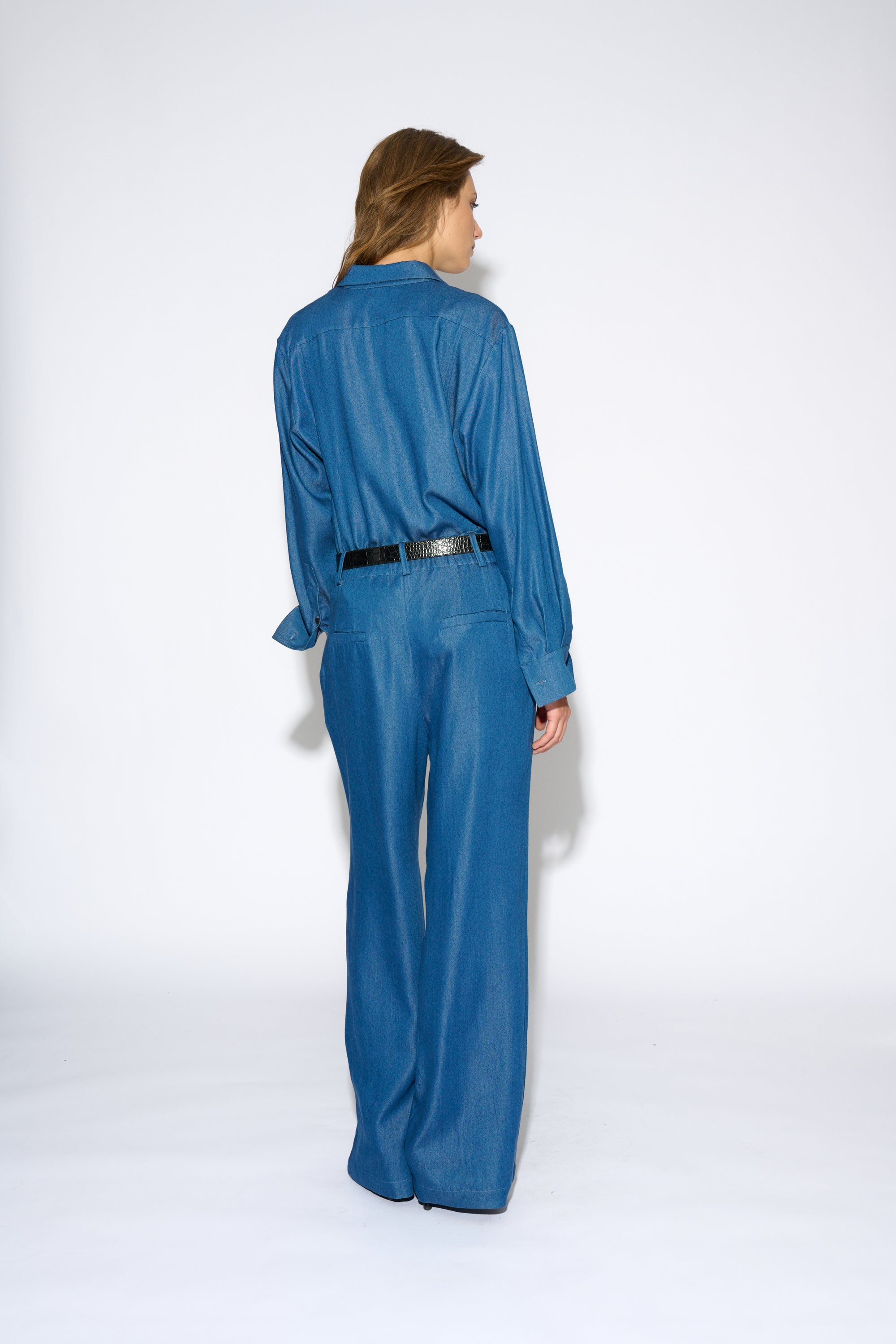 VALERIA CROSSED OVER FLUID DENIM SHIRT