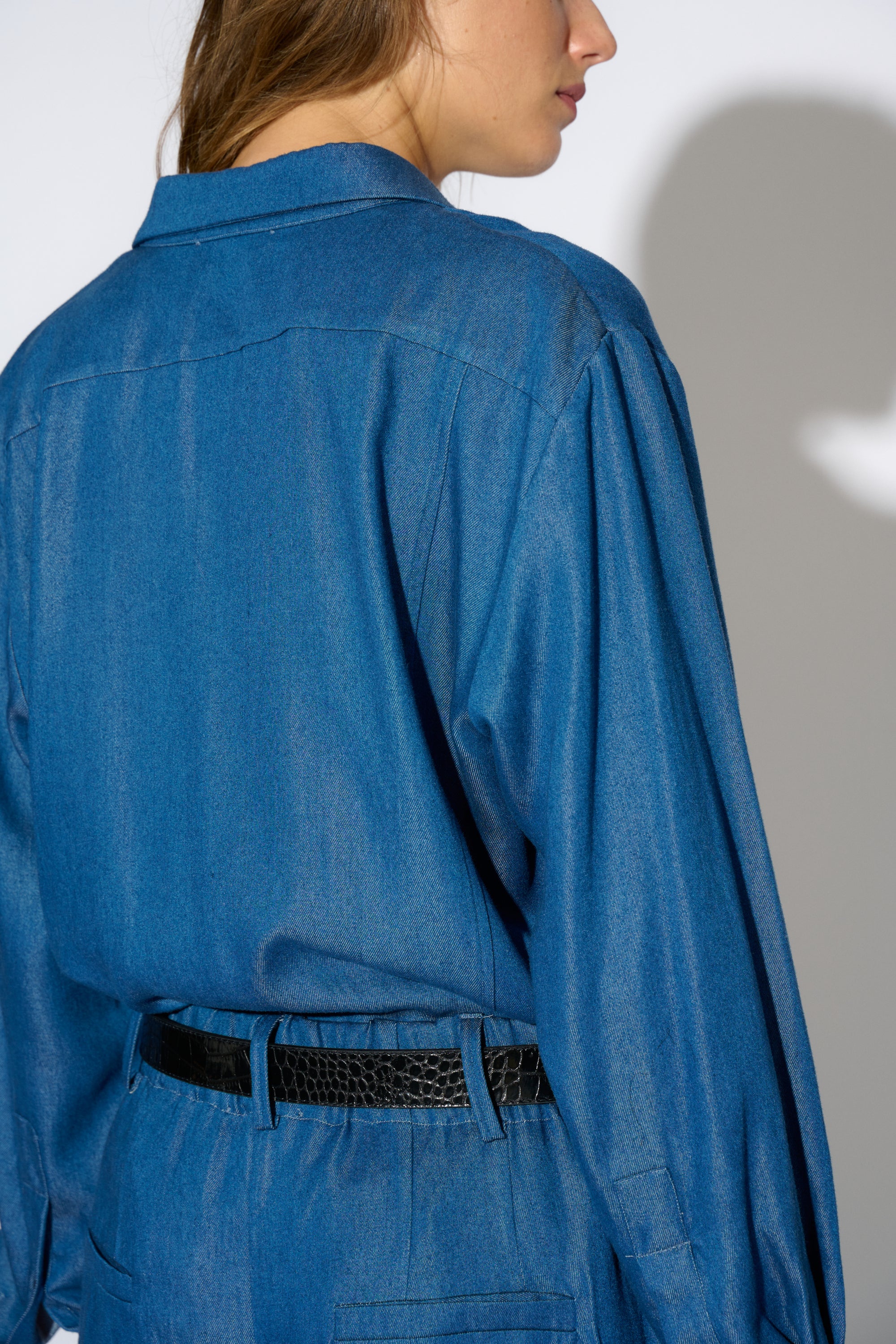 VALERIA CROSSED OVER FLUID DENIM SHIRT