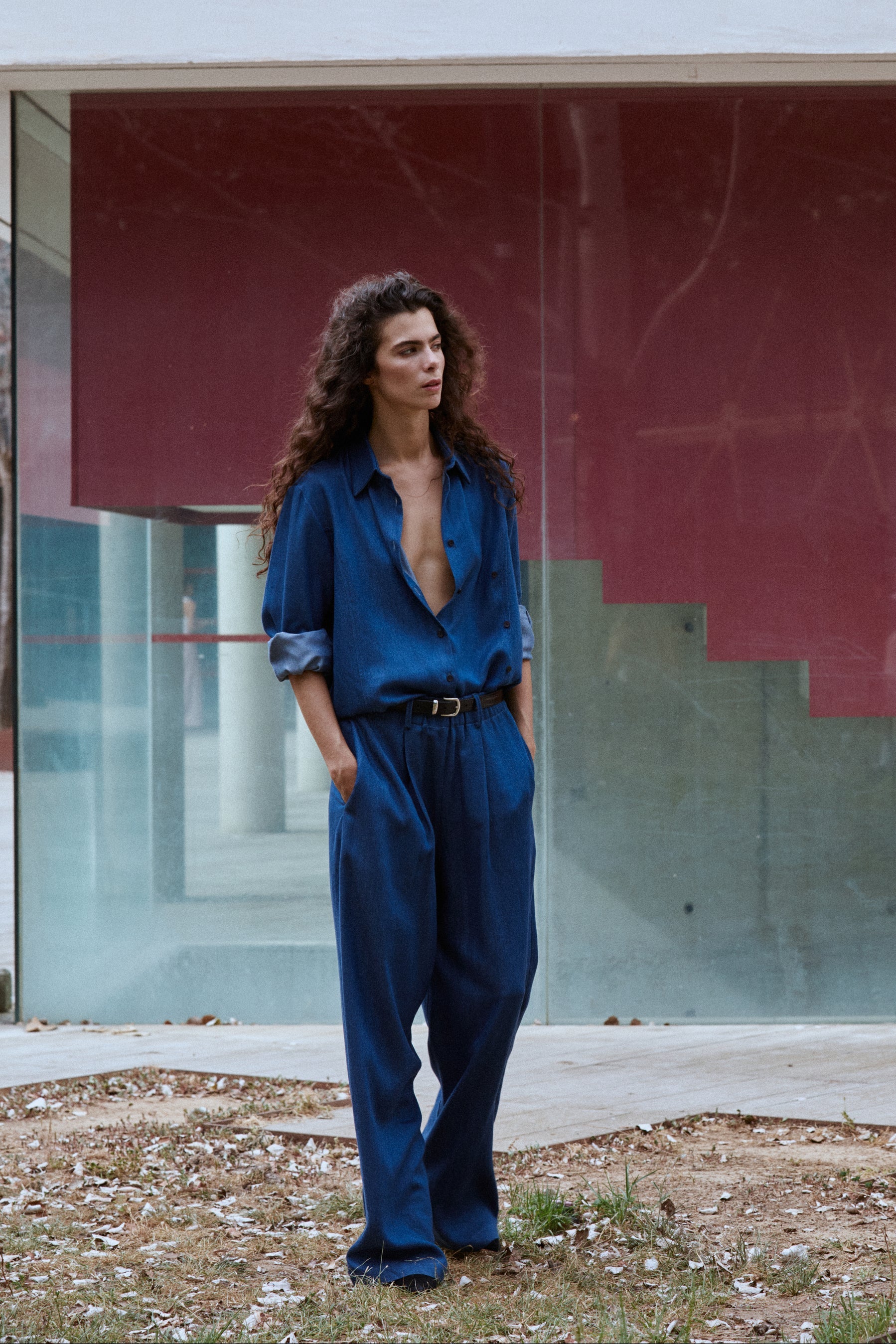 VALERIA CROSSED OVER FLUID DENIM SHIRT