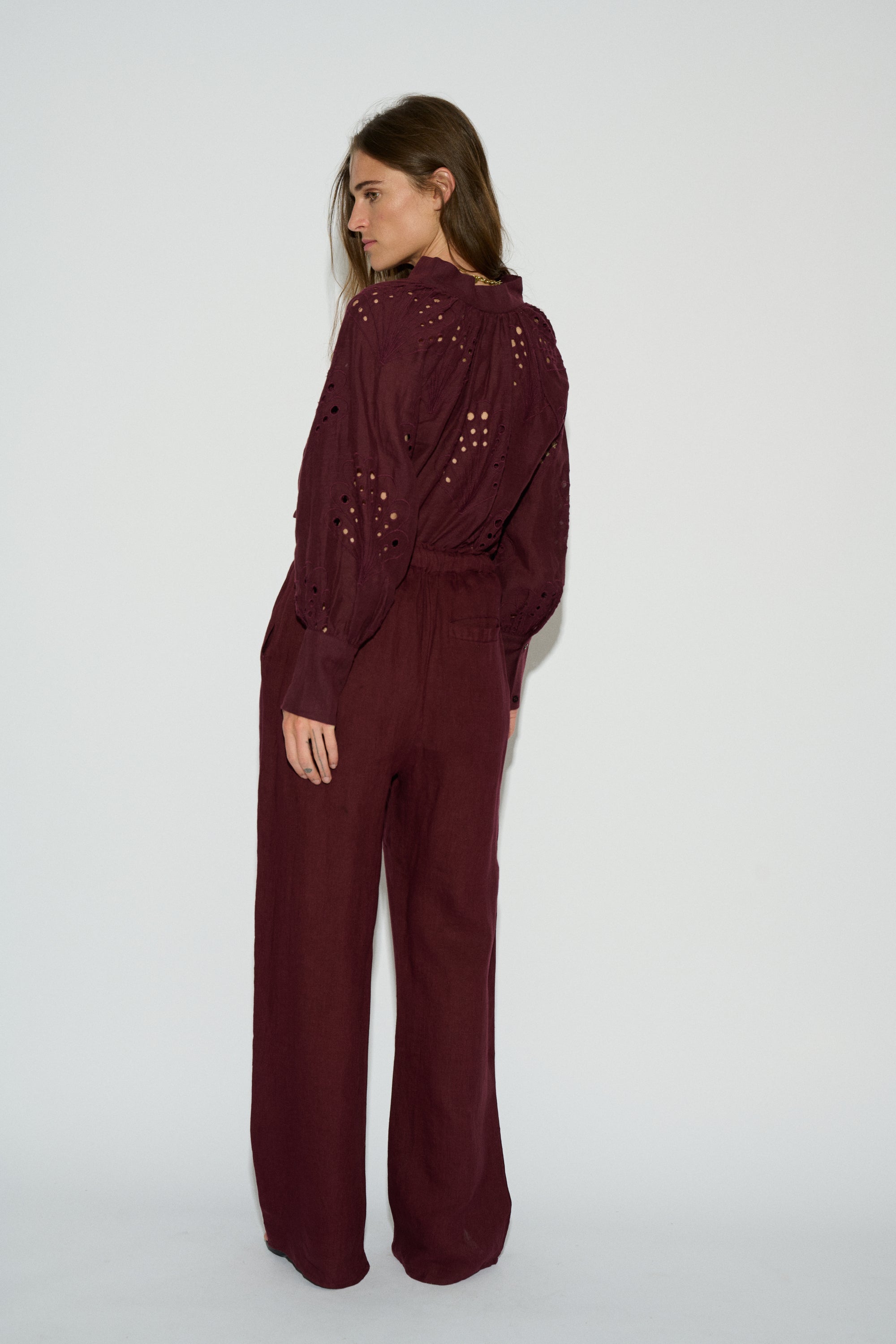 LUCIA WIDE LINEN TROUSERS BURGUNDY