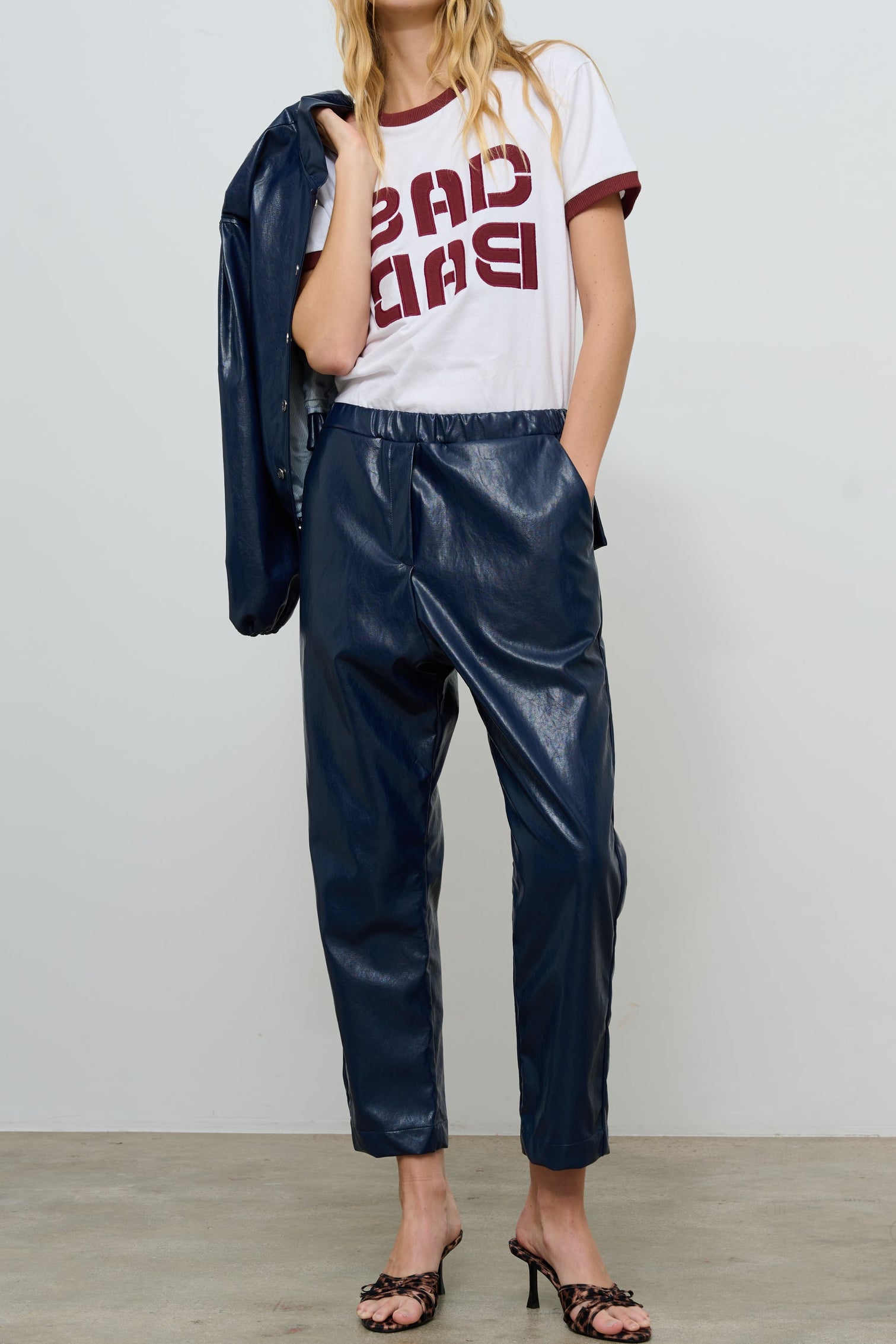 PAULA LEATHER NAVY PANTS