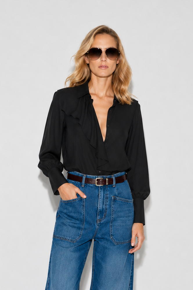 CAMISA JUNO CREPE VOLANTE NEGRA