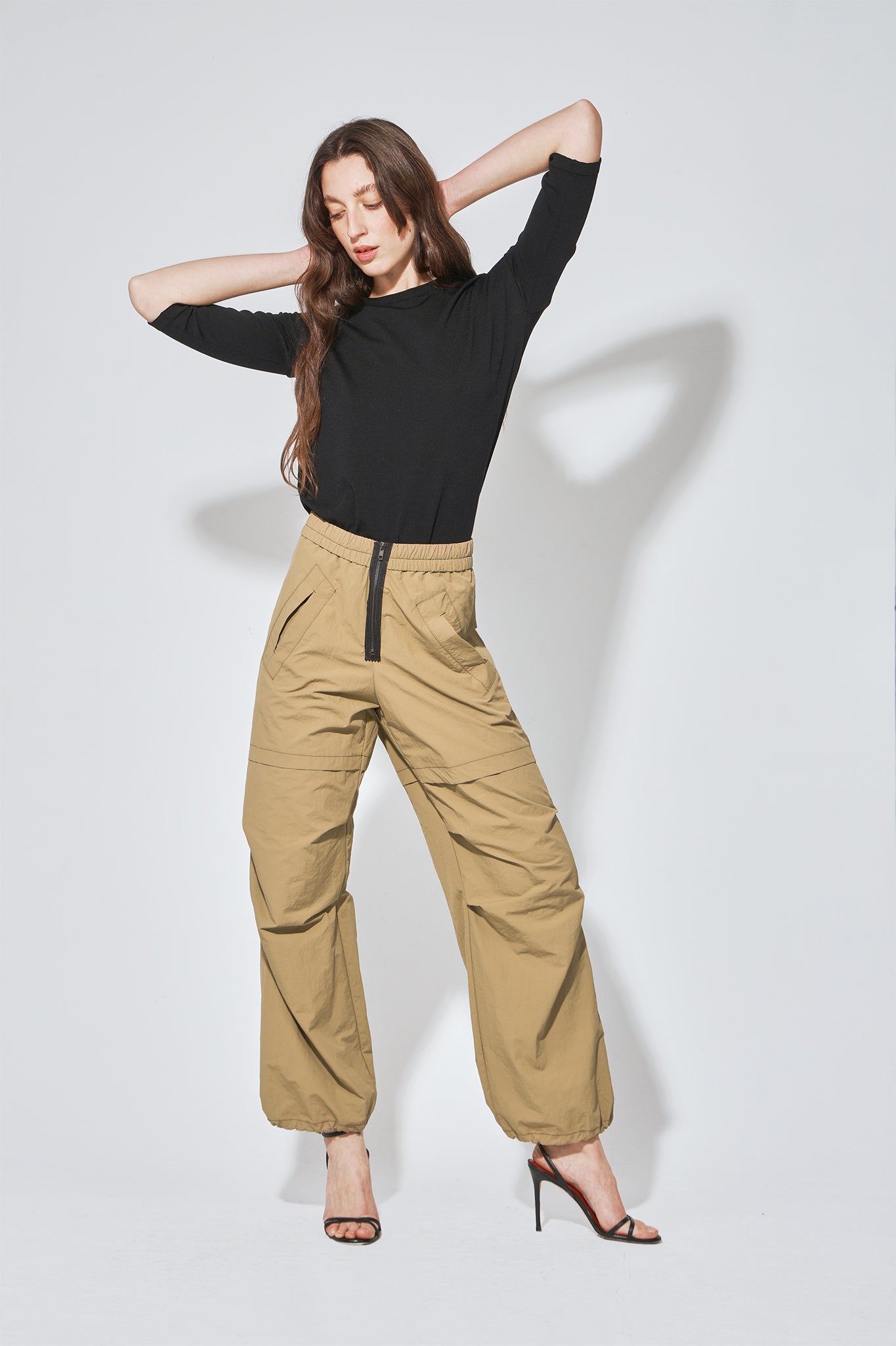 CAMILA NYLON BEIGE BUMPER PANTS